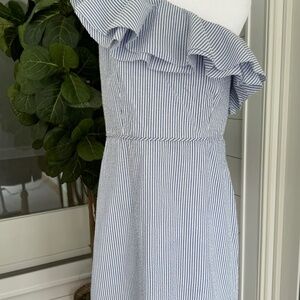 JCrew Seersucker One Shoulder Dress, Blue/White (Size 8)